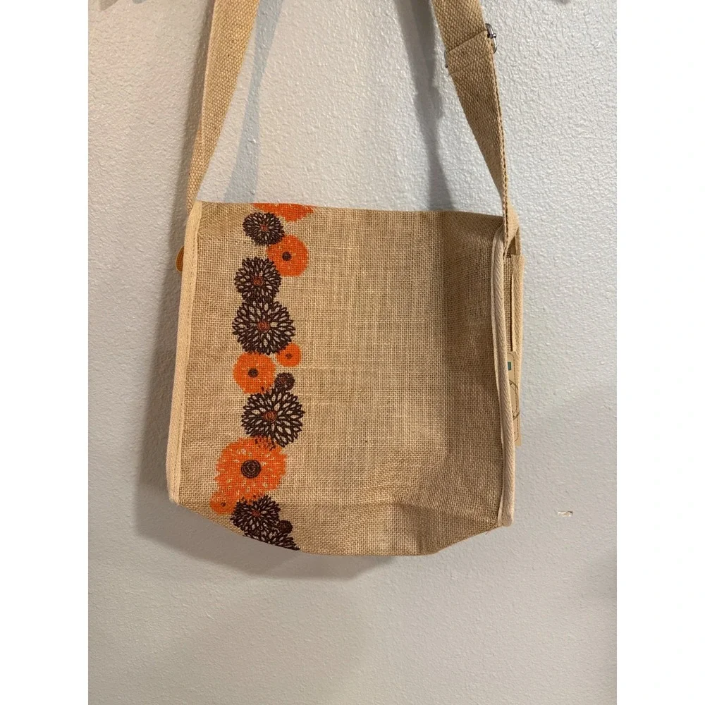 The Dodo Bag Co Jute Carryall Messenger‎ Bag OS Floral Burlap Boho Tan